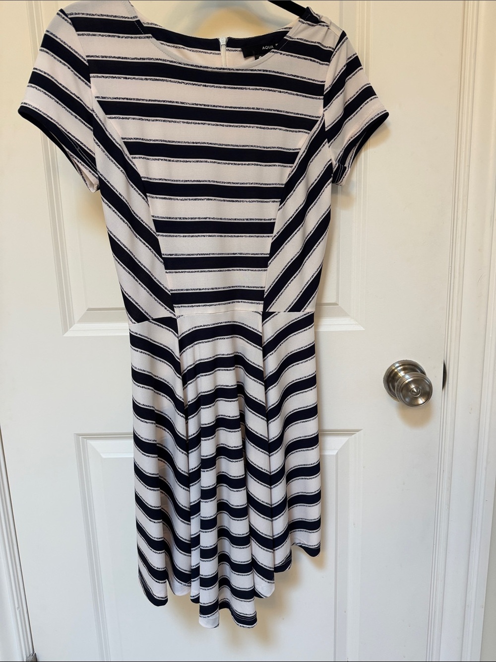 Aqua Black and White Striped Short Sleeve Skater Dress